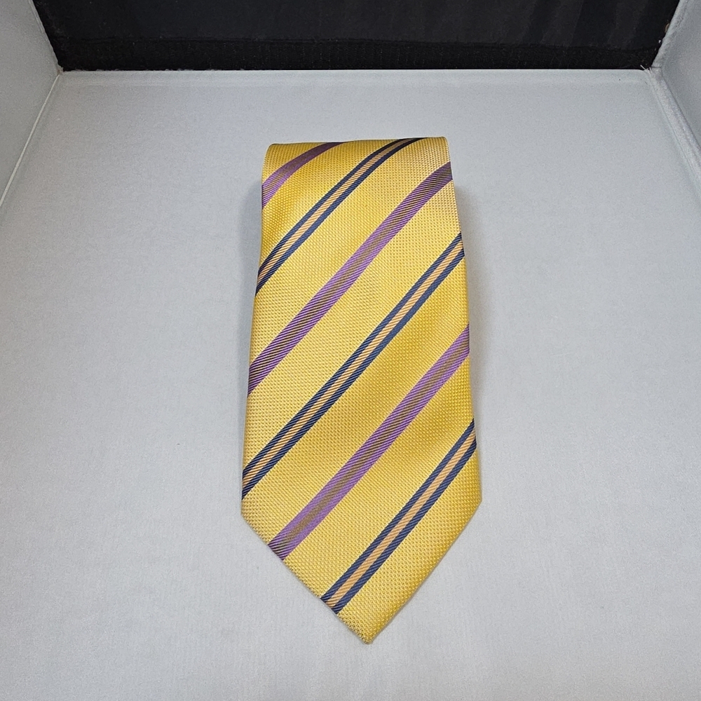 Belisi Tie Yellow Blue Purple Stripe 100% Silk Handmade Vintage